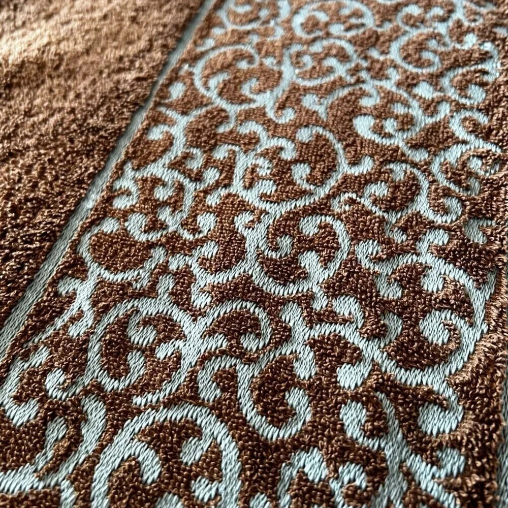 Waverly Home Bath & Hand Towels Set Cotton Embroidered Scroll Brown Blue India